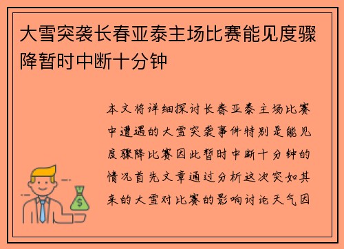 大雪突袭长春亚泰主场比赛能见度骤降暂时中断十分钟