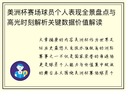 美洲杯赛场球员个人表现全景盘点与高光时刻解析关键数据价值解读