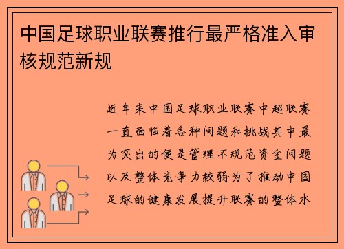 中国足球职业联赛推行最严格准入审核规范新规 中国足球职业联赛推行最严格准入审核规范新规